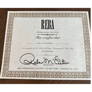 Vtg 1995 Reba McEntire International Fan Club Membership Certificate Nashville